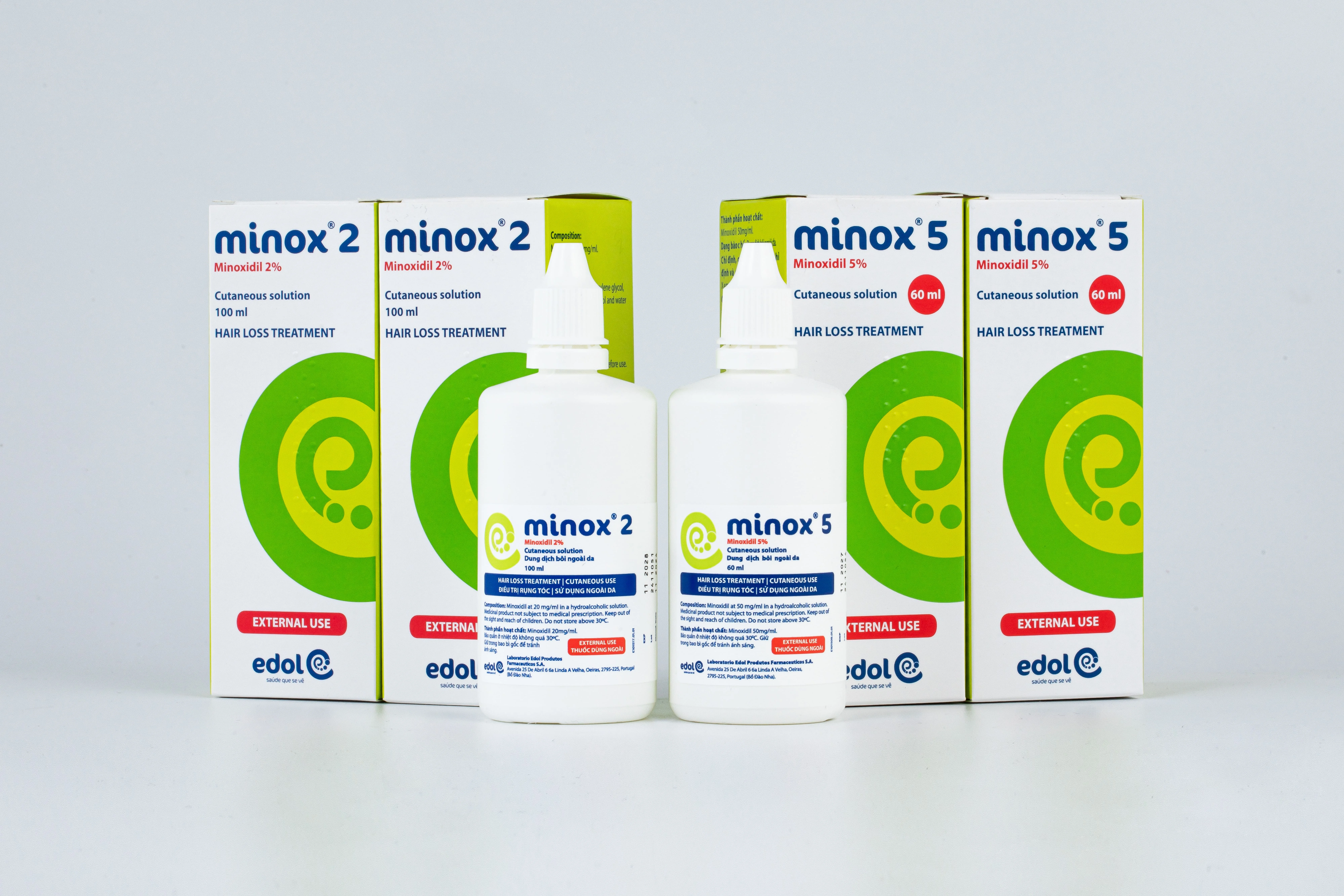 Bộ sản phẩm Minox do Anh Khuê Pharma phân phối chính hãng, hỗ trợ giảm rụng tóc và kích thích sự phát triển của nang tóc