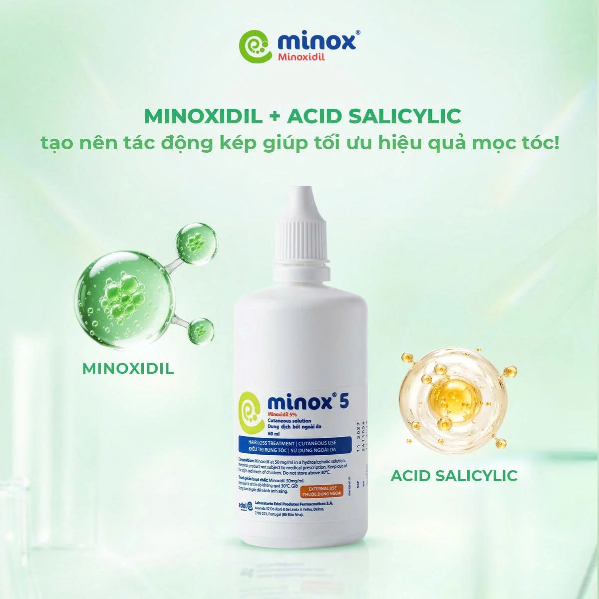 Minoxidil kích thích mọc tóc, trong khi Acid Salicylic làm sạch da đầu, tẩy tế bào chết, giúp nang tóc khỏe mạnh và giảm bít tắc