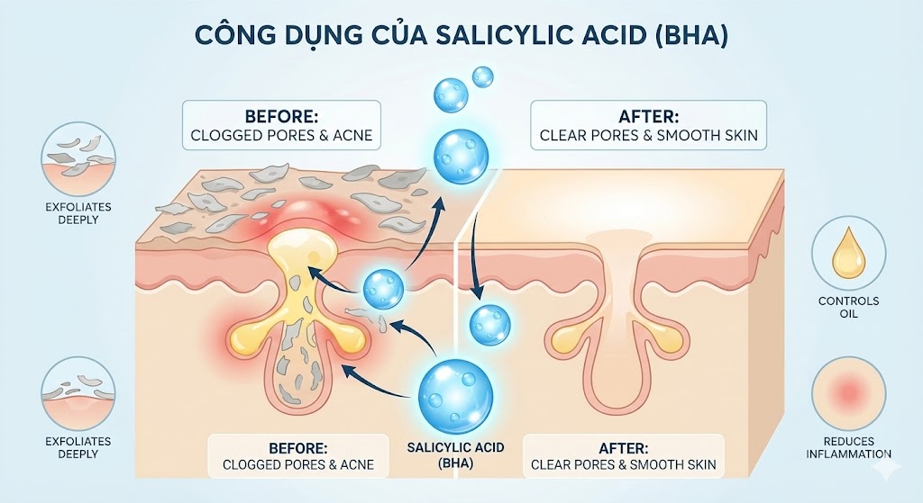 Acid Salicylic giúp loại bỏ vảy gàu bám trên da đầu, giảm ngứa và hỗ trợ điều trị viêm da tiết bã