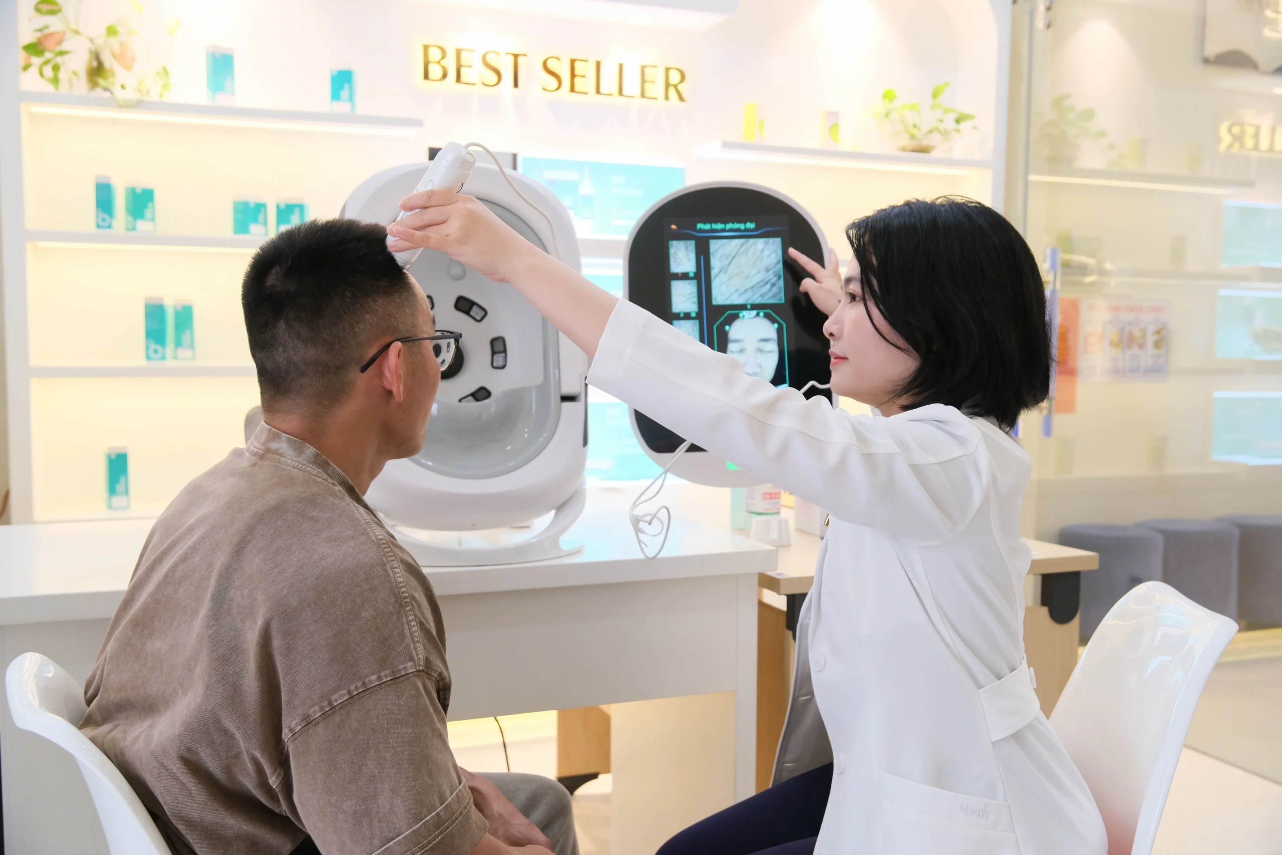 Soi khám da đầu để bác sĩ phân tích kỹ tình trạng nang tóc, mật độ sợi tóc và các tổn thương da đầu để tìm ra nguyên nhân chính xác gây rụng tóc